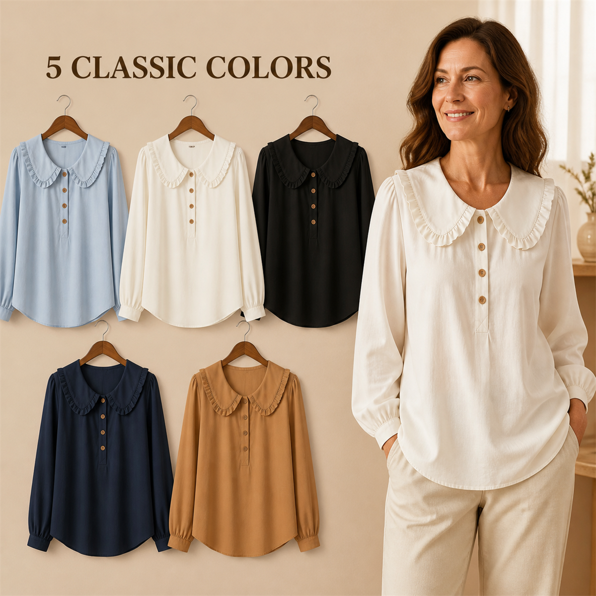 Women's Ruffle-Collar Long-Sleeve Button-Placket Blouse - 5-Piece Classic Color Set - $30.99