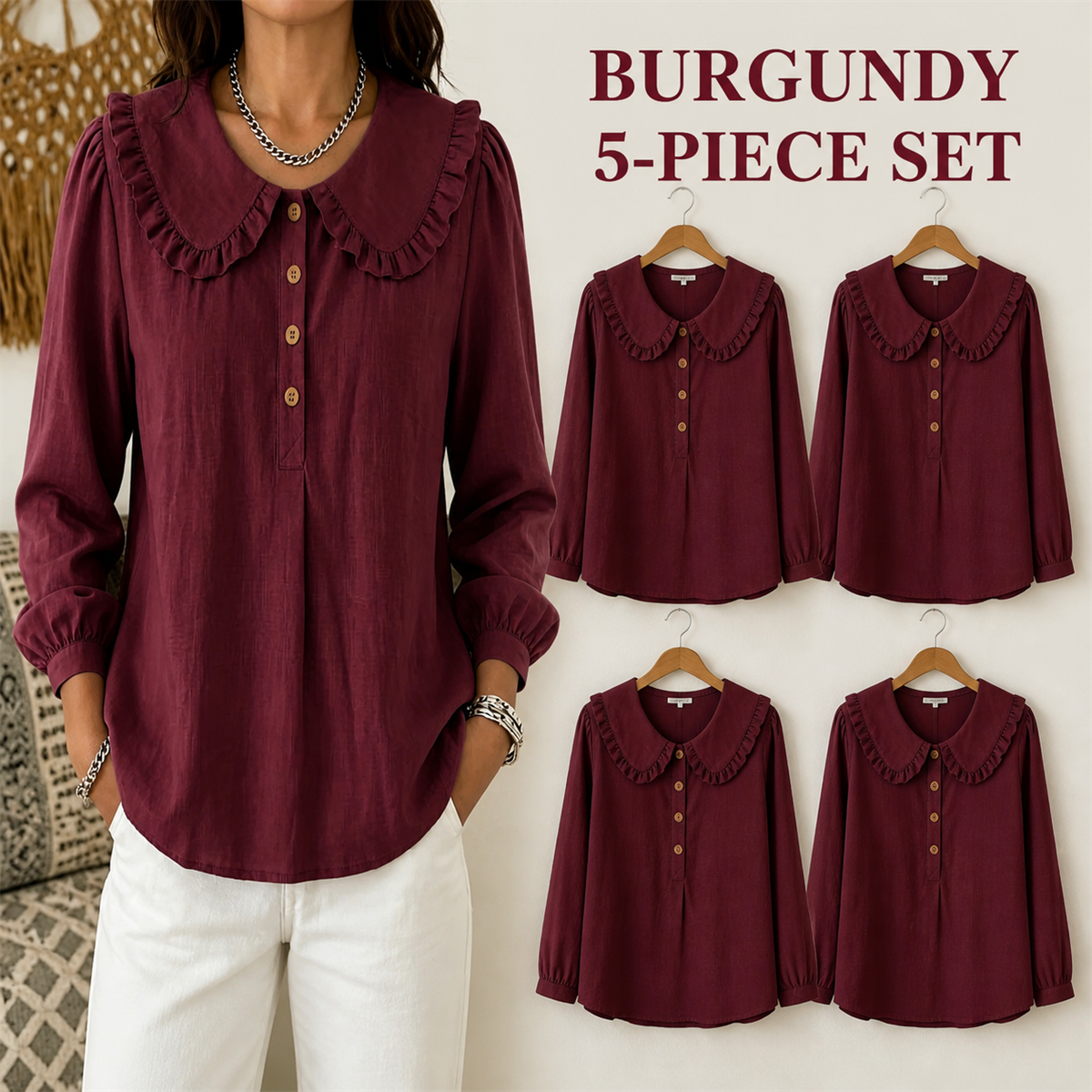 Women's Ruffle-Collar Long-Sleeve Button-Placket Blouse - 5-Piece Burgundy Set - $22.99