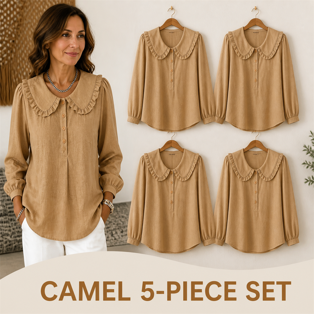 Women's Ruffle-Collar Long-Sleeve Button-Placket Blouse - 5-Piece Camel Set - $22.99