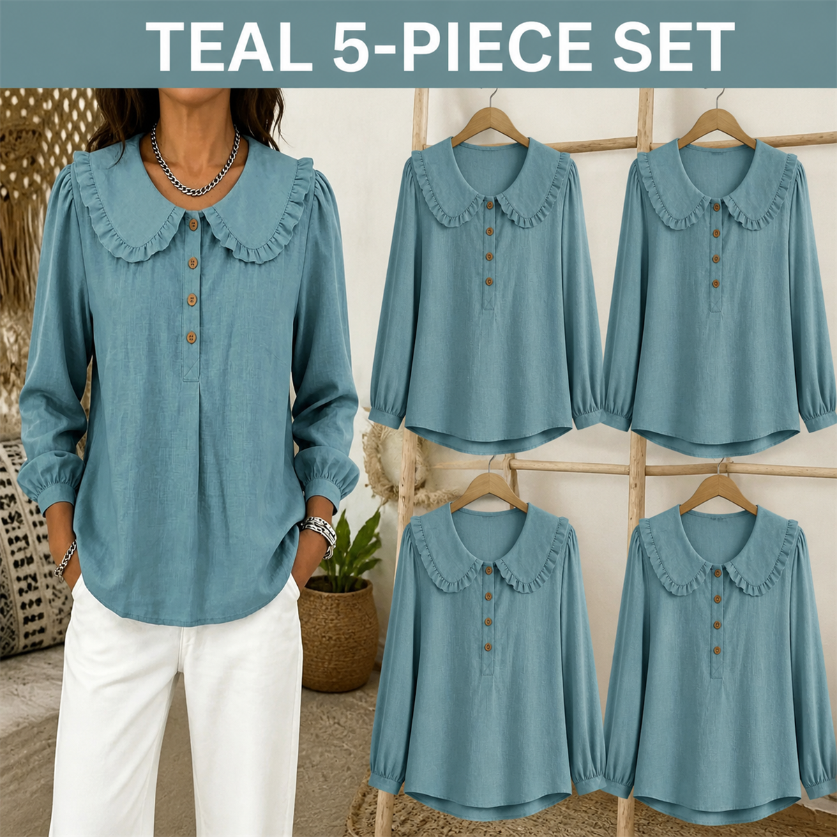 Women's Ruffle-Collar Long-Sleeve Button-Placket Blouse - 5-Piece Teal Set - $22.99