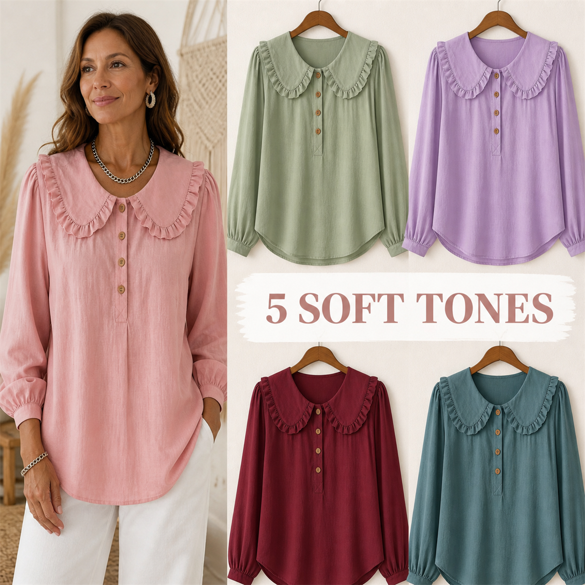 Women's Ruffle-Collar Long-Sleeve Button-Placket Blouse - 5-Piece Soft Color Set - $30.99
