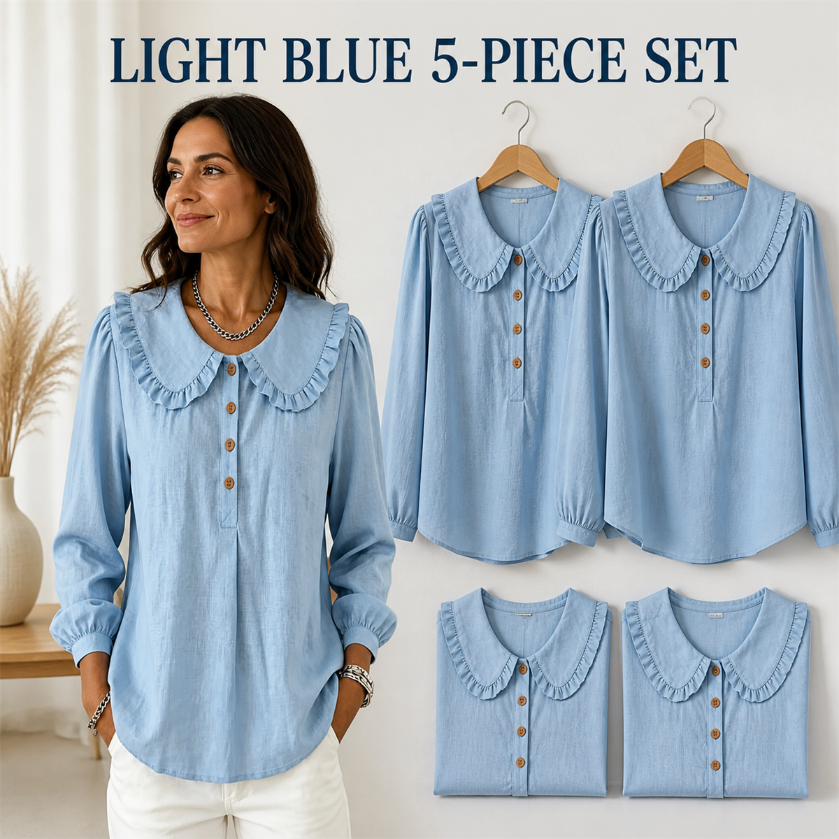 Women's Ruffle-Collar Long-Sleeve Button-Placket Blouse - 5-Piece Light Blue Set - $22.99