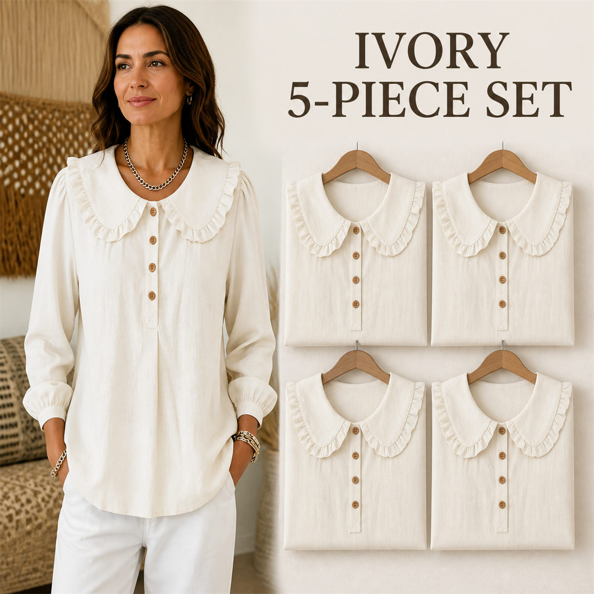 Women's Ruffle-Collar Long-Sleeve Button-Placket Blouse - 5-Piece Ivory Set - $22.99