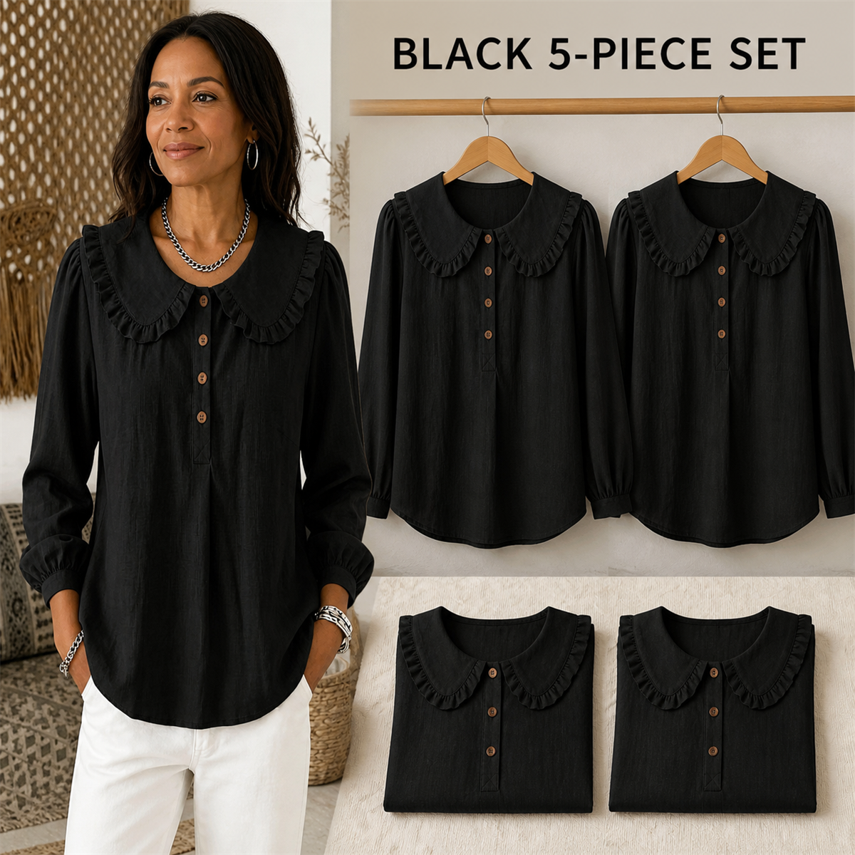 Women's Ruffle-Collar Long-Sleeve Button-Placket Blouse - 5-Piece Black Set - $22.99