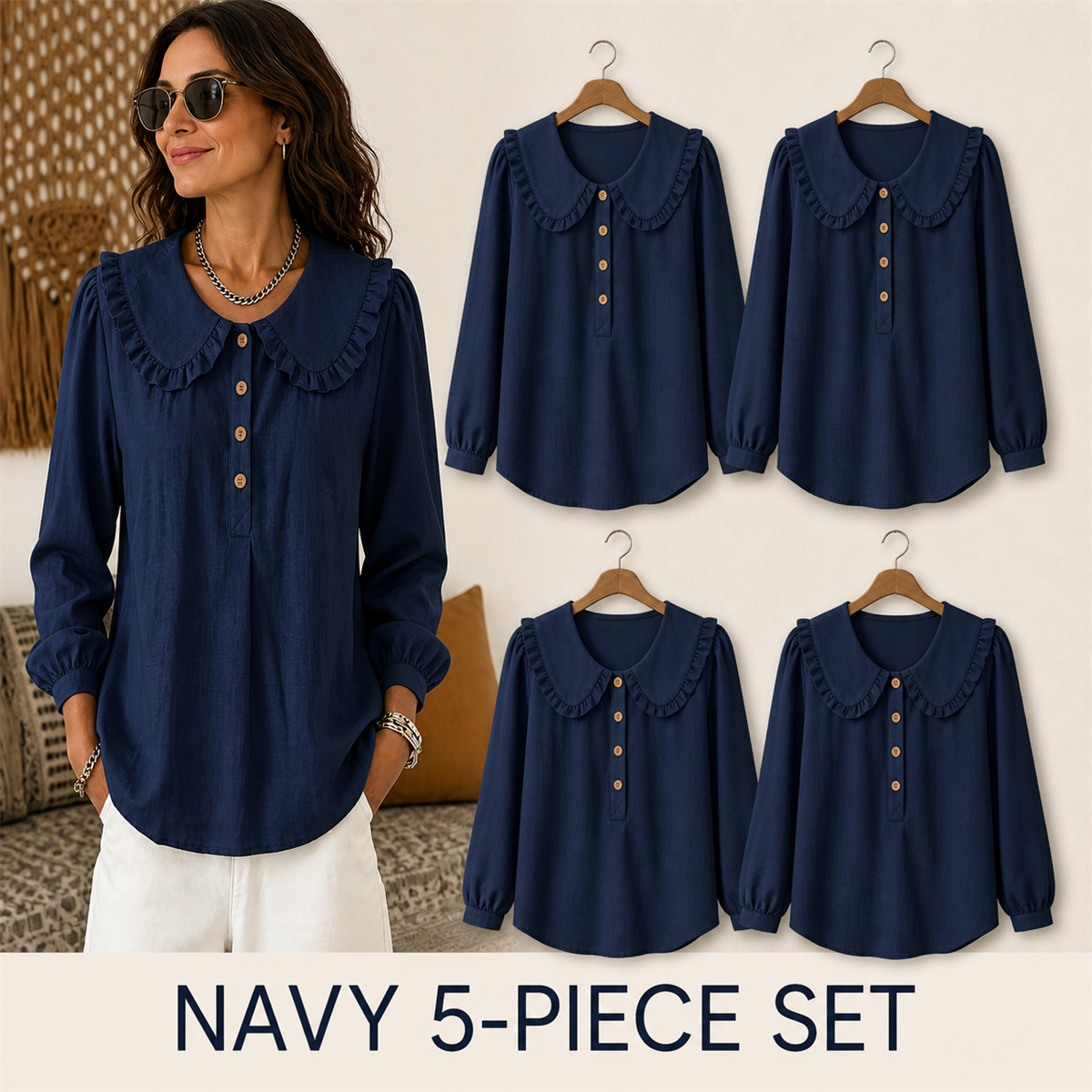 Women's Ruffle-Collar Long-Sleeve Button-Placket Blouse - 5-Piece Navy Set - $22.99