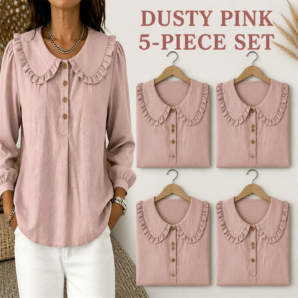 Women's Ruffle-Collar Long-Sleeve Button-Placket Blouse - 5-Piece Dusty Pink Set - $22.99