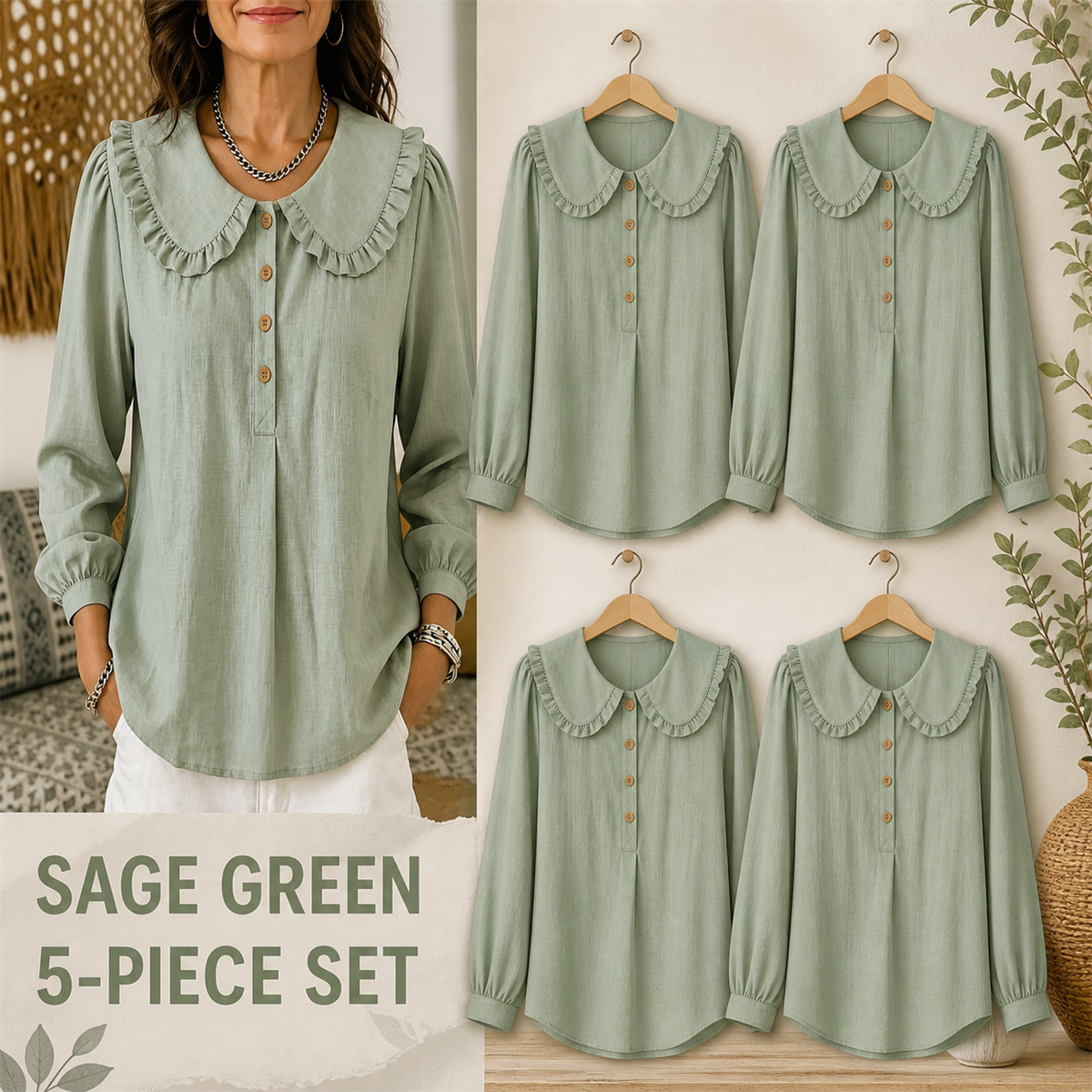 Women's Ruffle-Collar Long-Sleeve Button-Placket Blouse - 5-Piece Sage Green Set - $22.99