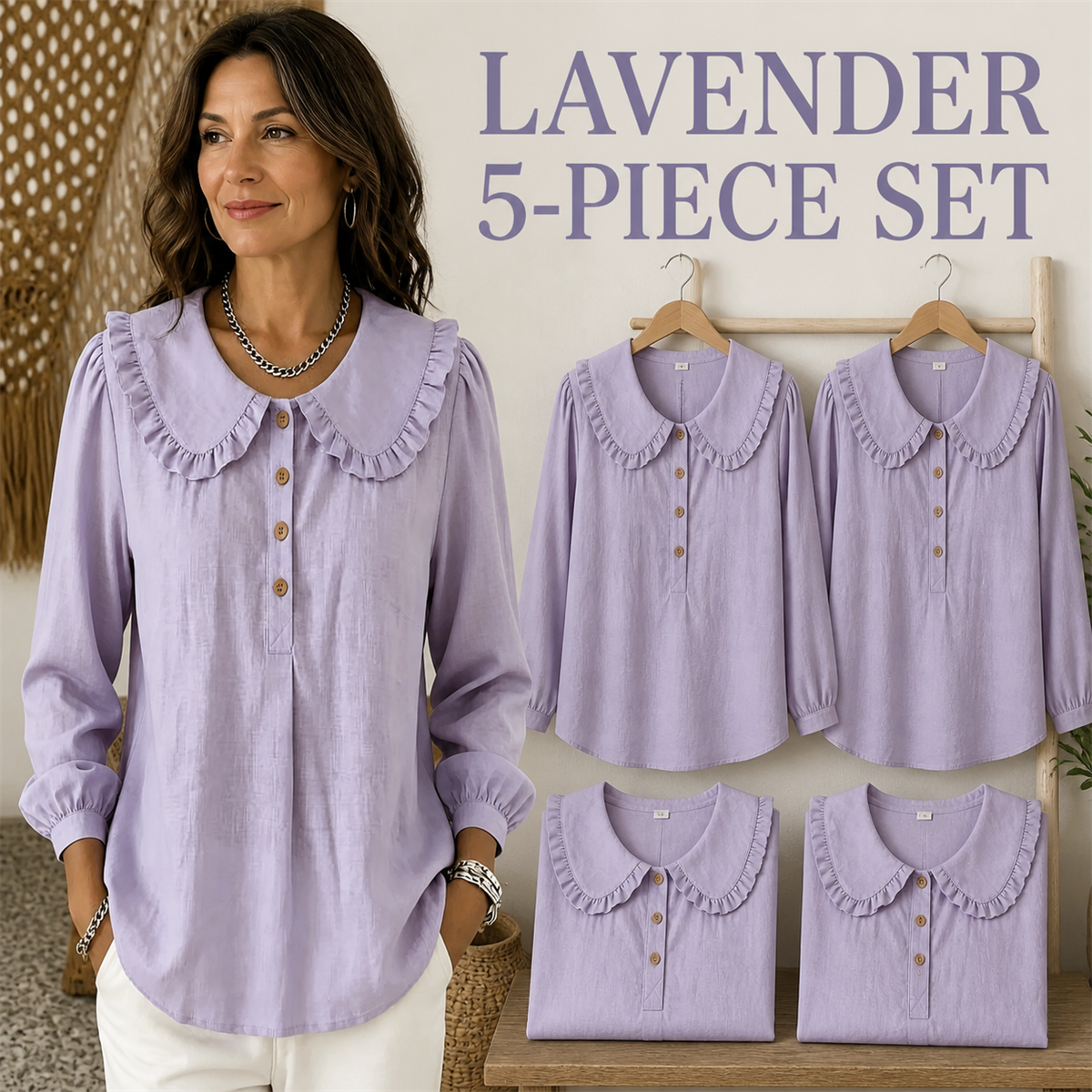 Women's Ruffle-Collar Long-Sleeve Button-Placket Blouse - 5-Piece Lavender Set - $22.99