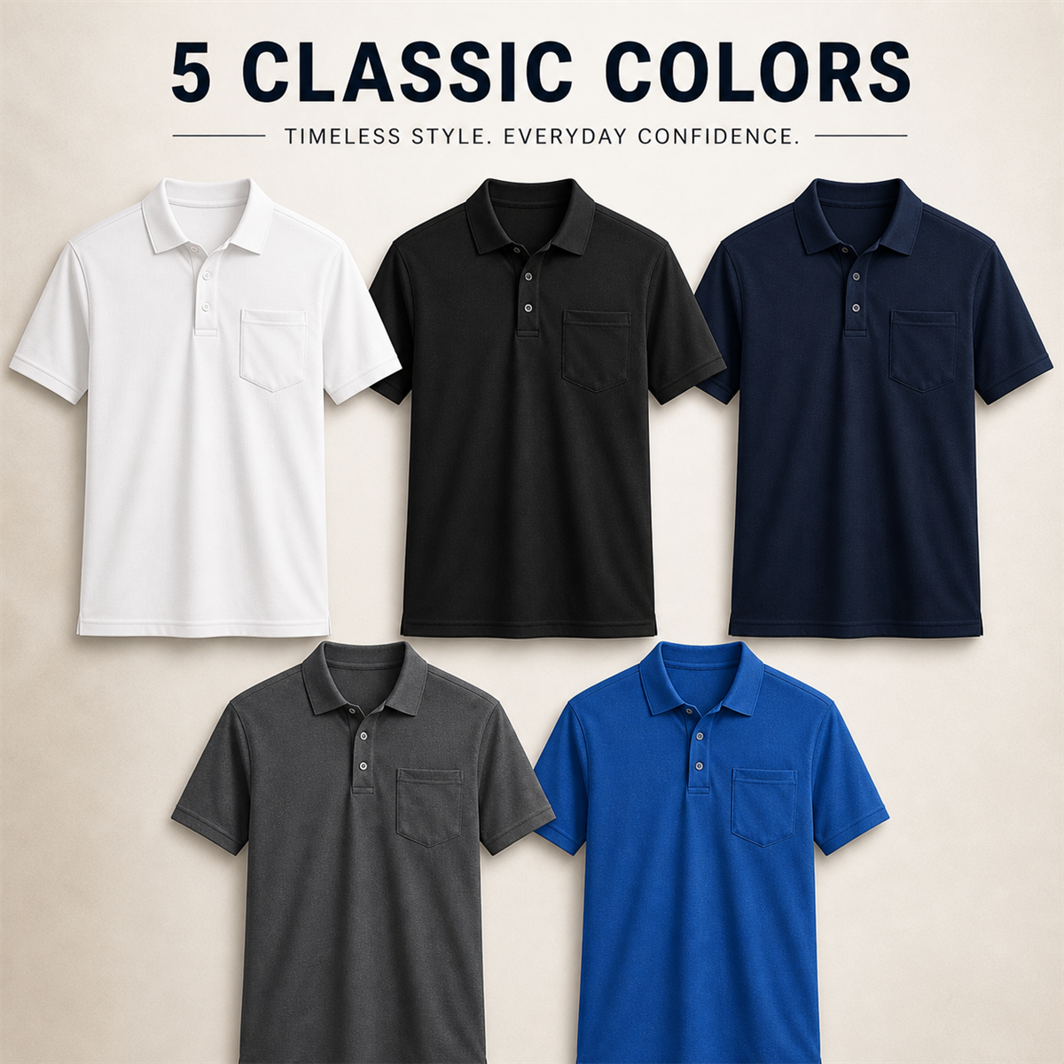 Men's Classic Short-Sleeve Polo Shirt with Chest Pocket - 5-Piece Classic Color Set - $29.99