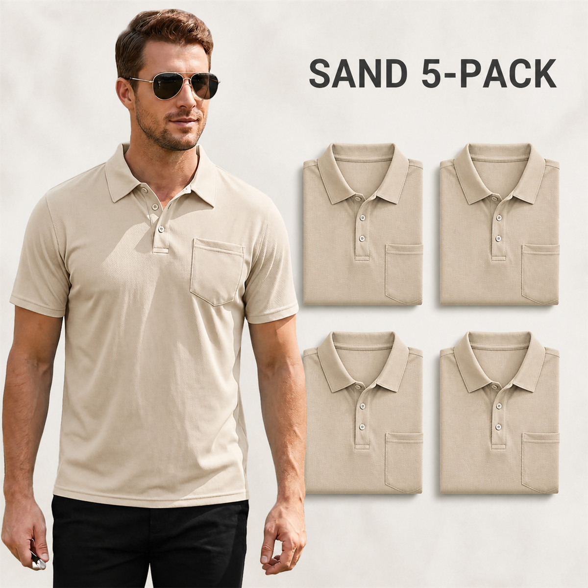 Men's Classic Short-Sleeve Polo Shirt with Chest Pocket - 5-Piece Sand Set - $21.99