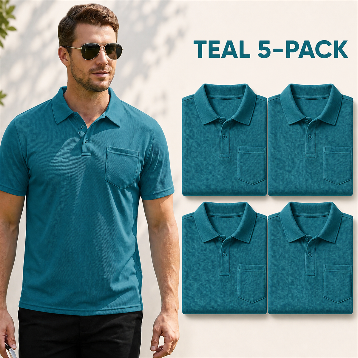 Men's Classic Short-Sleeve Polo Shirt with Chest Pocket - 5-Piece Teal Set - $21.99