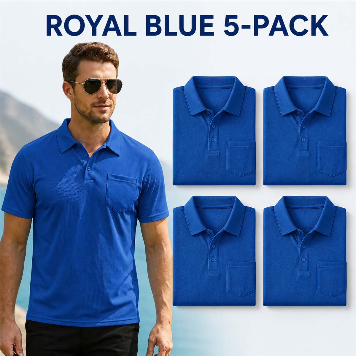 Men's Classic Short-Sleeve Polo Shirt with Chest Pocket - 5-Piece Royal Blue Set - $21.99
