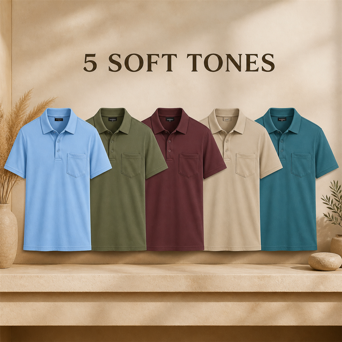 Men's Classic Short-Sleeve Polo Shirt with Chest Pocket - 5-Piece Soft Color Set - $29.99