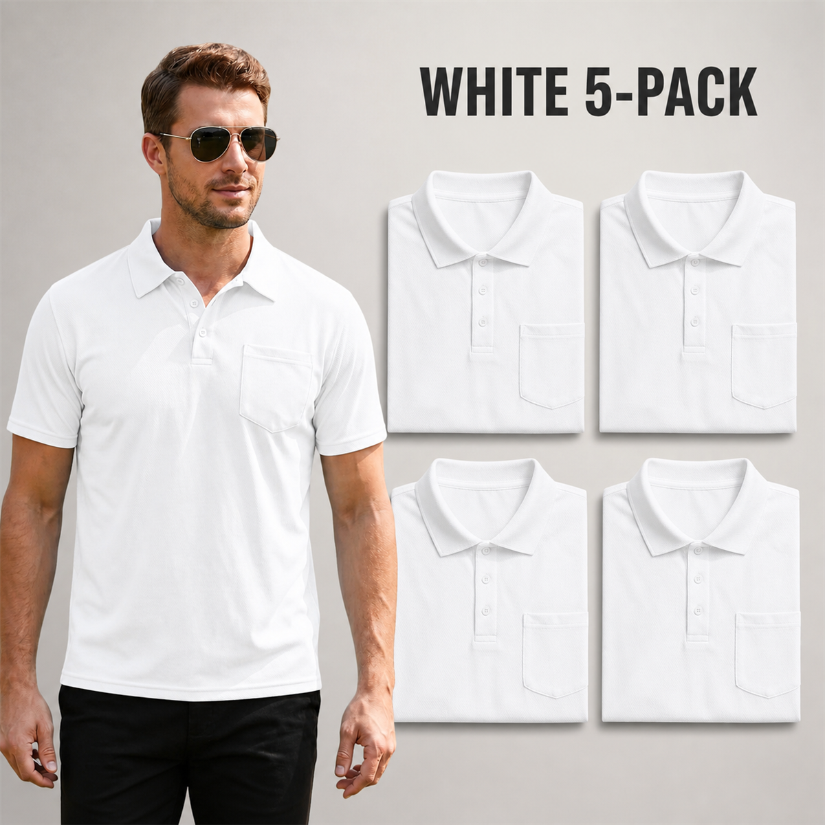 Men's Classic Short-Sleeve Polo Shirt with Chest Pocket - 5-Piece White Set - $21.99