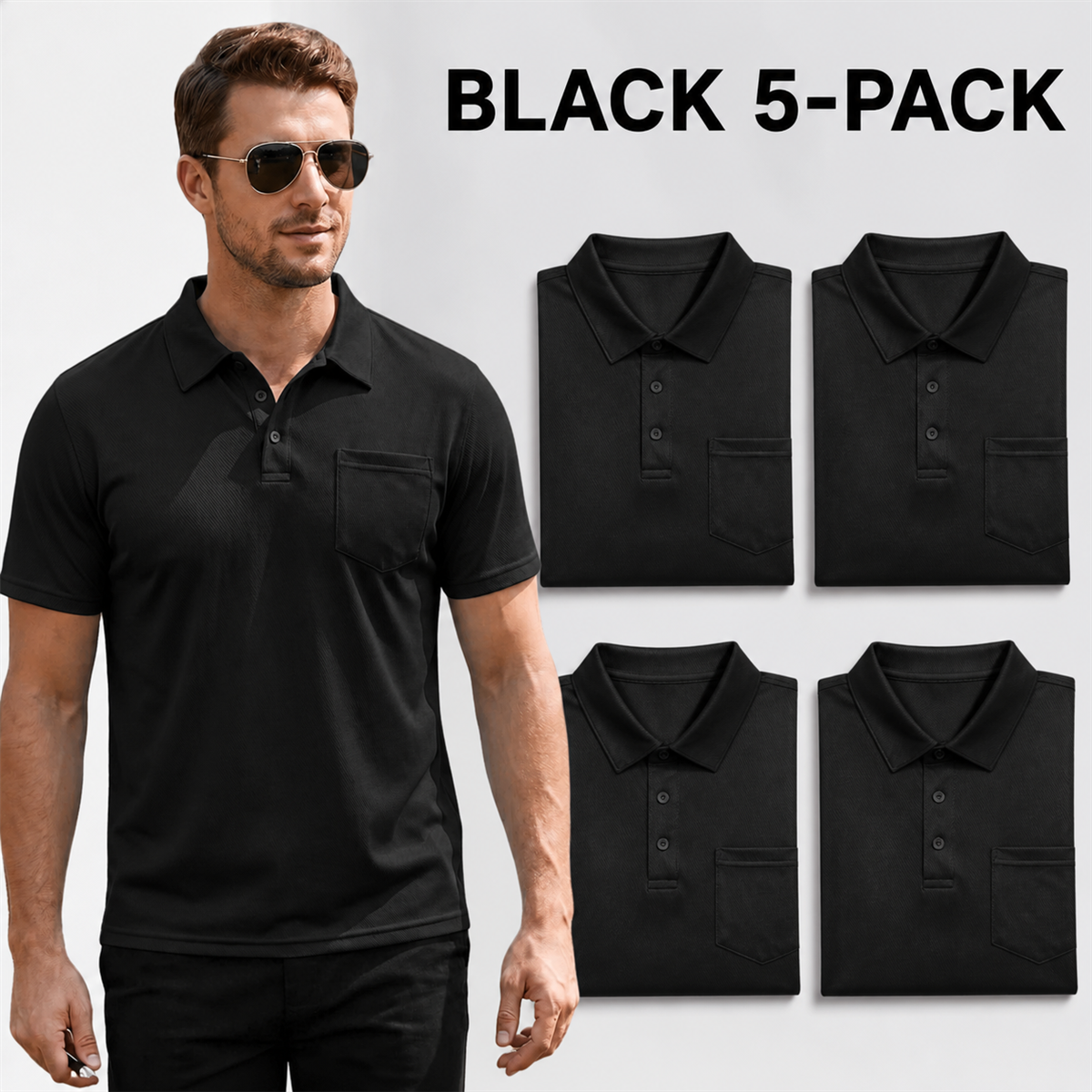 Men's Classic Short-Sleeve Polo Shirt with Chest Pocket - 5-Piece Black Set - $21.99