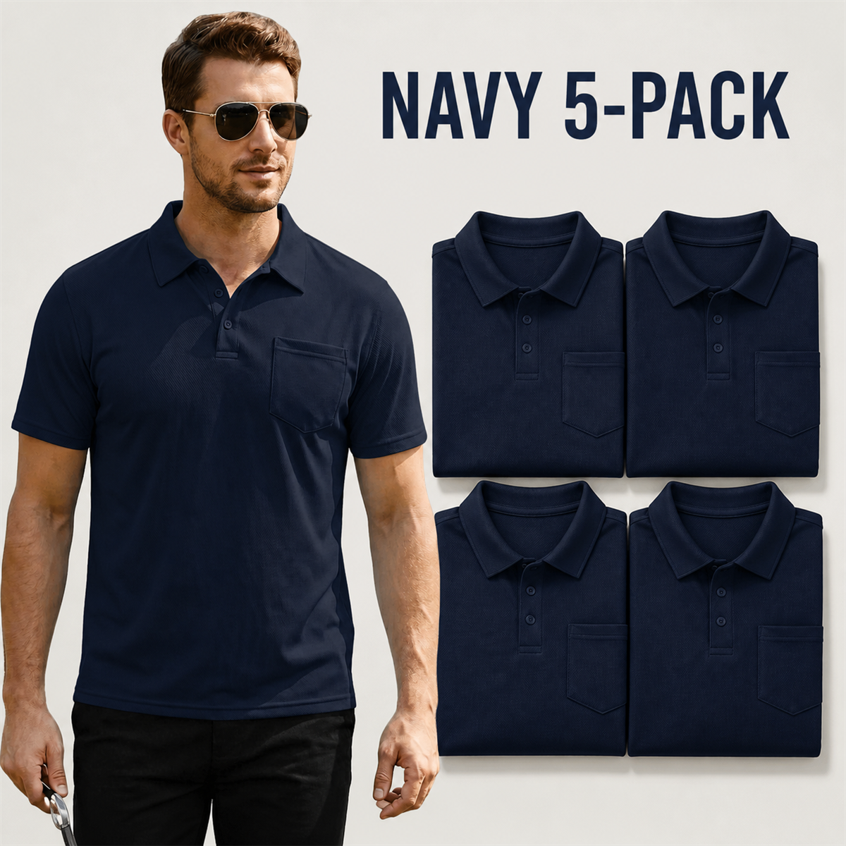 Men's Classic Short-Sleeve Polo Shirt with Chest Pocket - 5-Piece Navy Set - $21.99