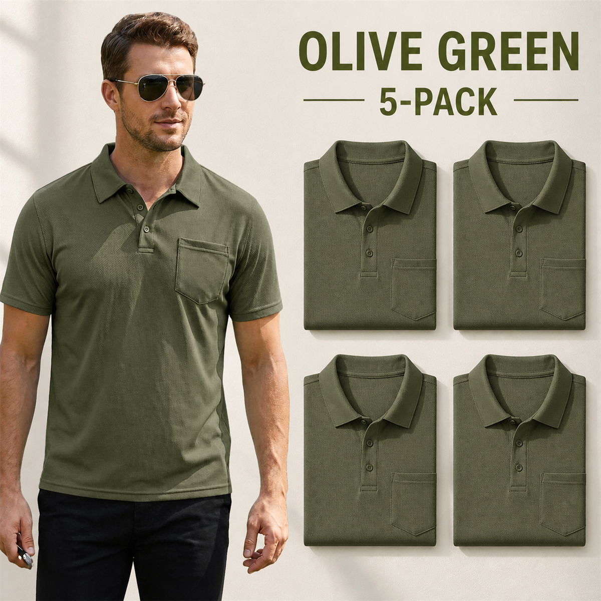 Men's Classic Short-Sleeve Polo Shirt with Chest Pocket - 5-Piece Olive Green Set - $21.99
