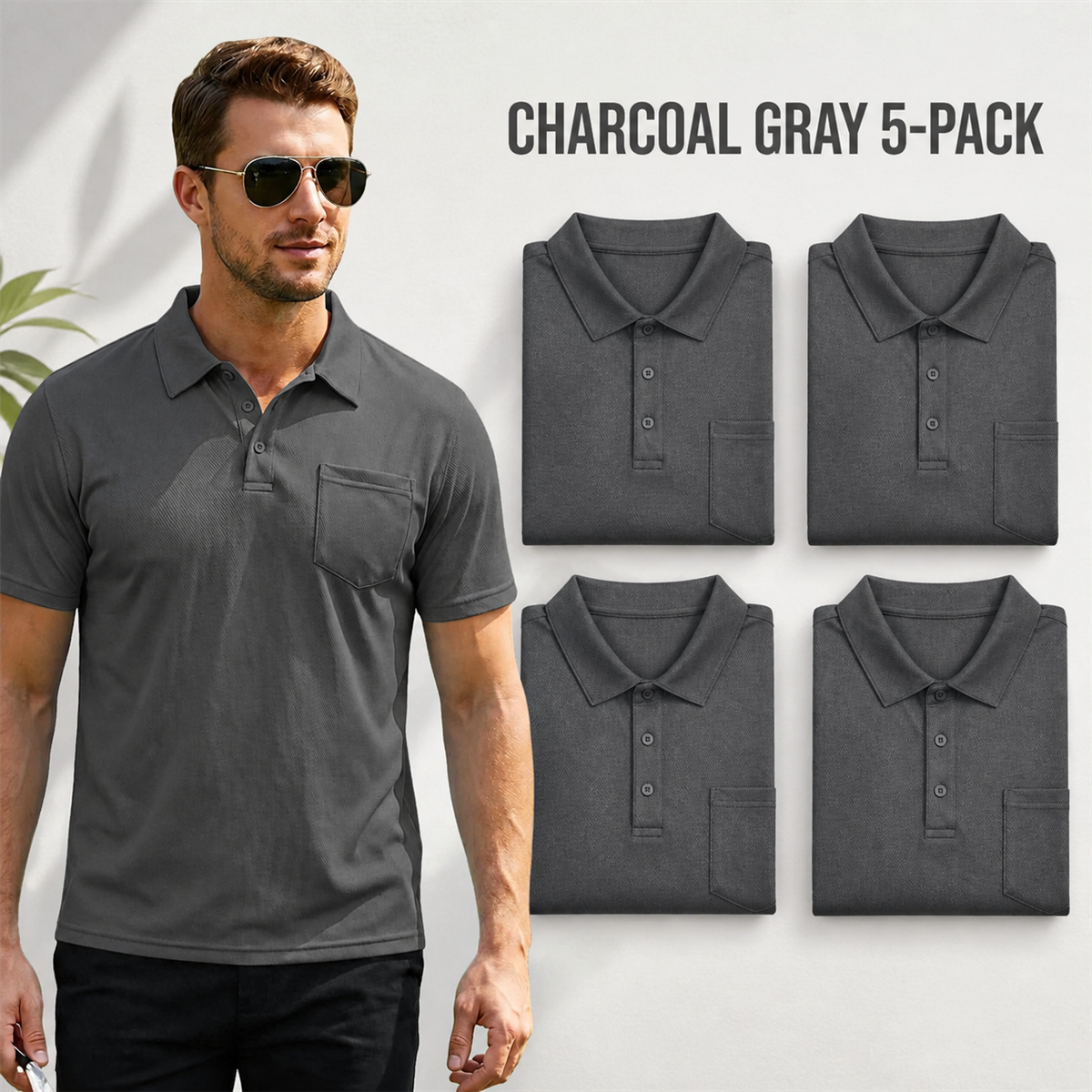 Men's Classic Short-Sleeve Polo Shirt with Chest Pocket - 5-Piece Charcoal Gray Set - $21.99