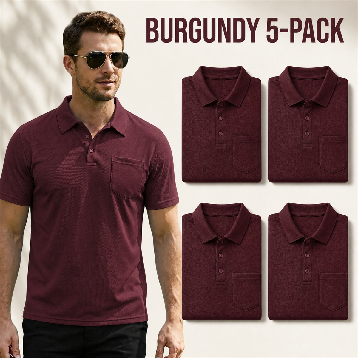 Men's Classic Short-Sleeve Polo Shirt with Chest Pocket - 5-Piece Burgundy Set - $21.99