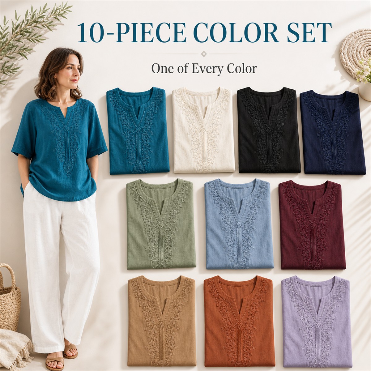 Women's Embroidered Split-Neck Relaxed Short-Sleeve Top - 10-Pack Complete Color Collection - $38.99