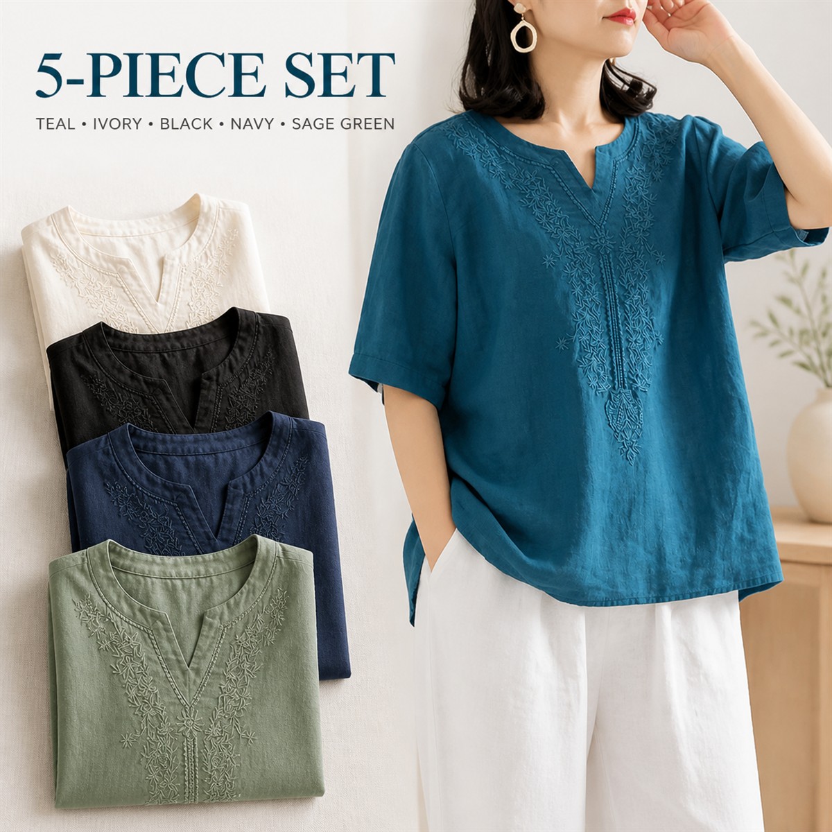 Women's Embroidered Split-Neck Relaxed Short-Sleeve Top - 5-Piece Classic Color Set - $30.99