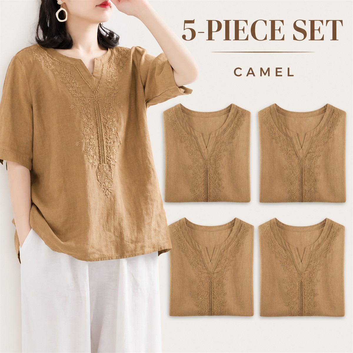 Women's Embroidered Split-Neck Relaxed Short-Sleeve Top - 5-Piece Camel Set - $22.99