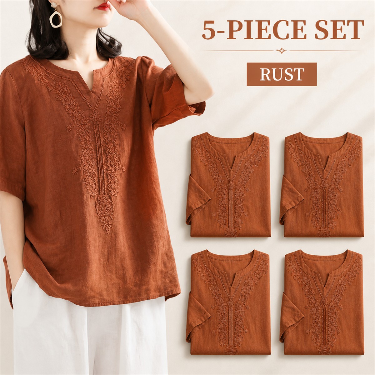 Women's Embroidered Split-Neck Relaxed Short-Sleeve Top - 5-Piece Rust Set - $22.99