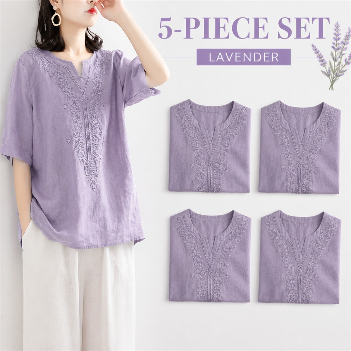 Women's Embroidered Split-Neck Relaxed Short-Sleeve Top - 5-Piece Lavender Set - $22.99