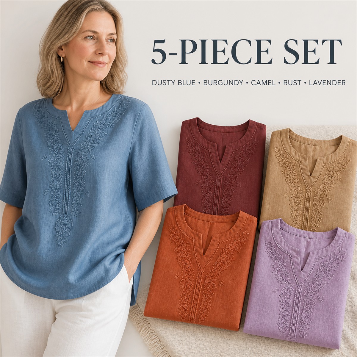 Women's Embroidered Split-Neck Relaxed Short-Sleeve Top - 5-Piece Soft Color Set - $30.99