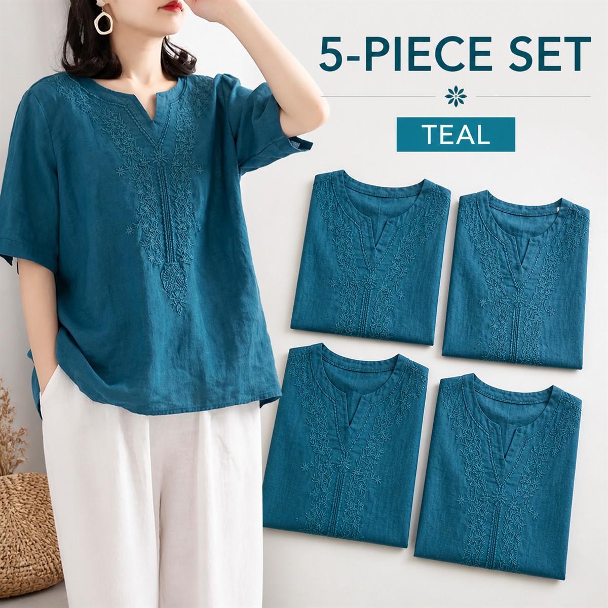 Women's Embroidered Split-Neck Relaxed Short-Sleeve Top - 5-Piece Teal Set - $22.99