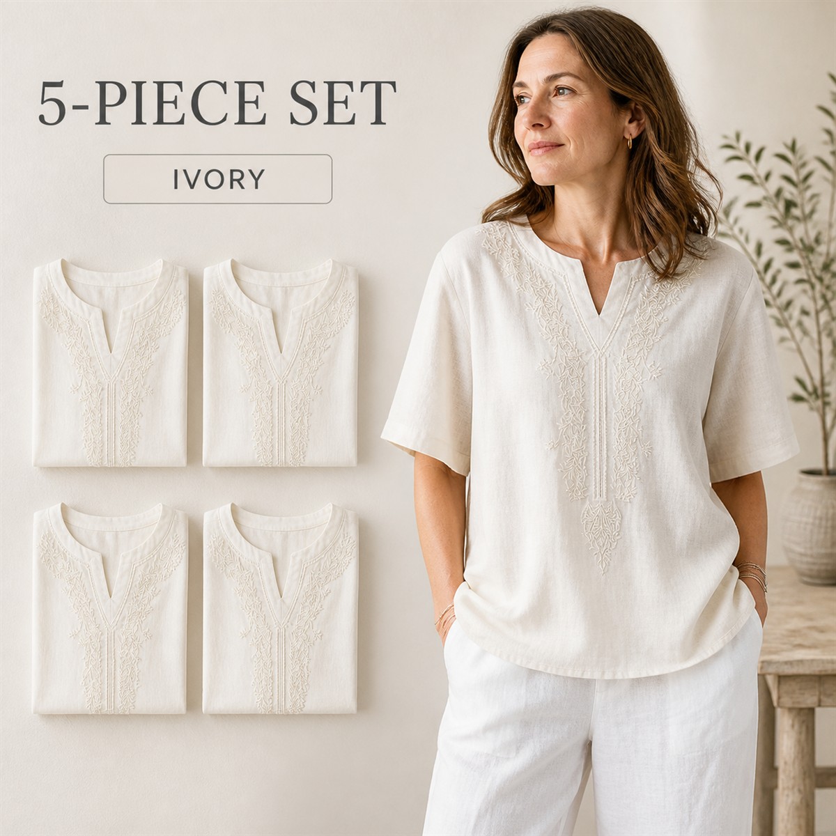 Women's Embroidered Split-Neck Relaxed Short-Sleeve Top - 5-Piece Ivory Set - $22.99
