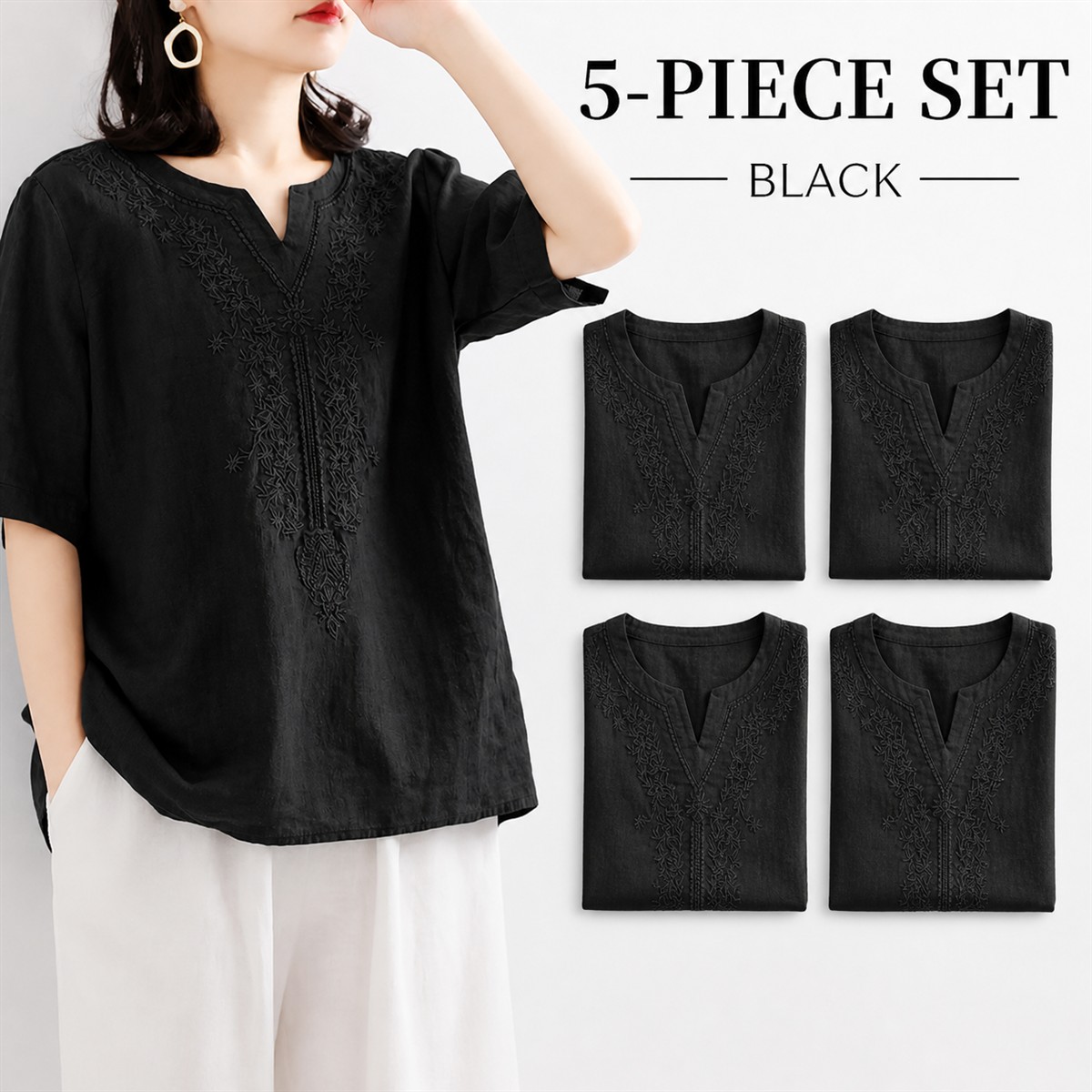 Women's Embroidered Split-Neck Relaxed Short-Sleeve Top - 5-Piece Black Set - $22.99