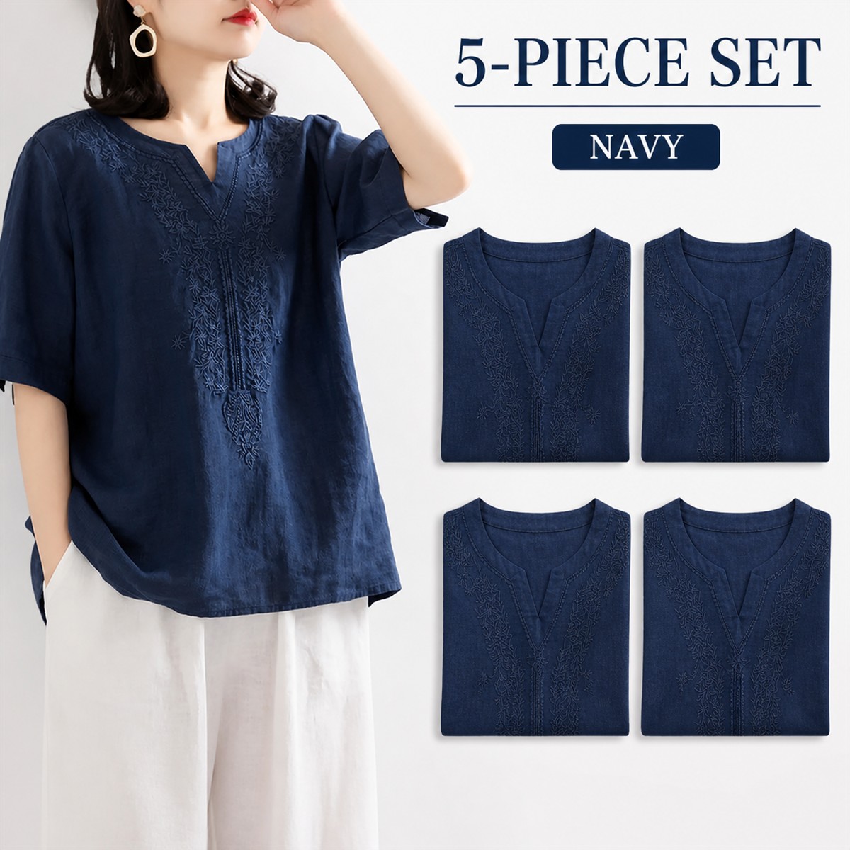 Women's Embroidered Split-Neck Relaxed Short-Sleeve Top - 5-Piece Navy Set - $22.99