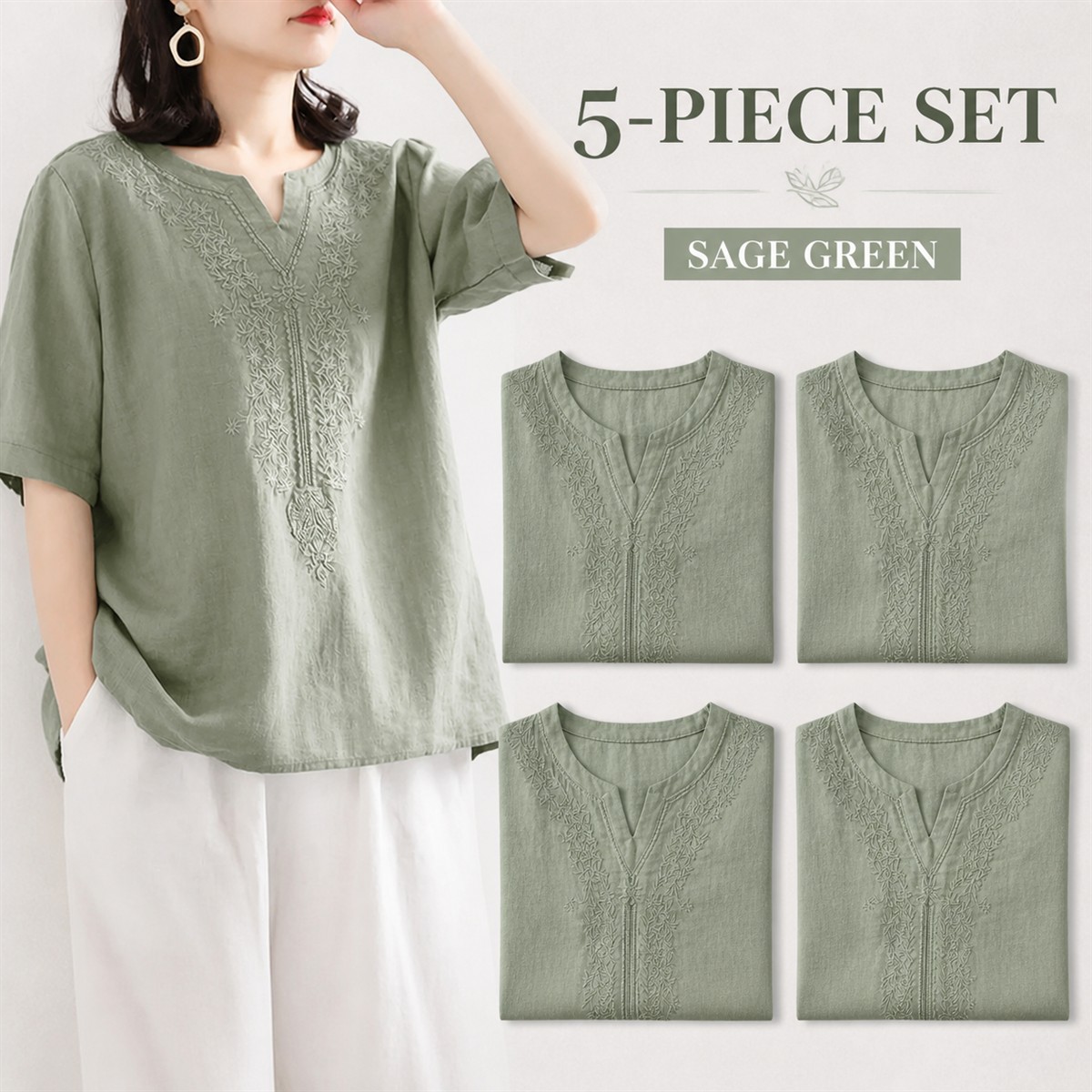 Women's Embroidered Split-Neck Relaxed Short-Sleeve Top - 5-Piece Sage Green Set - $22.99