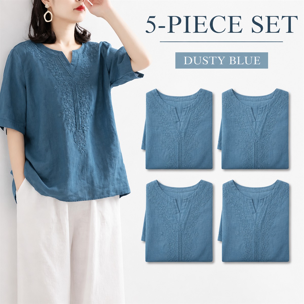 Women's Embroidered Split-Neck Relaxed Short-Sleeve Top - 5-Piece Dusty Blue Set - $22.99
