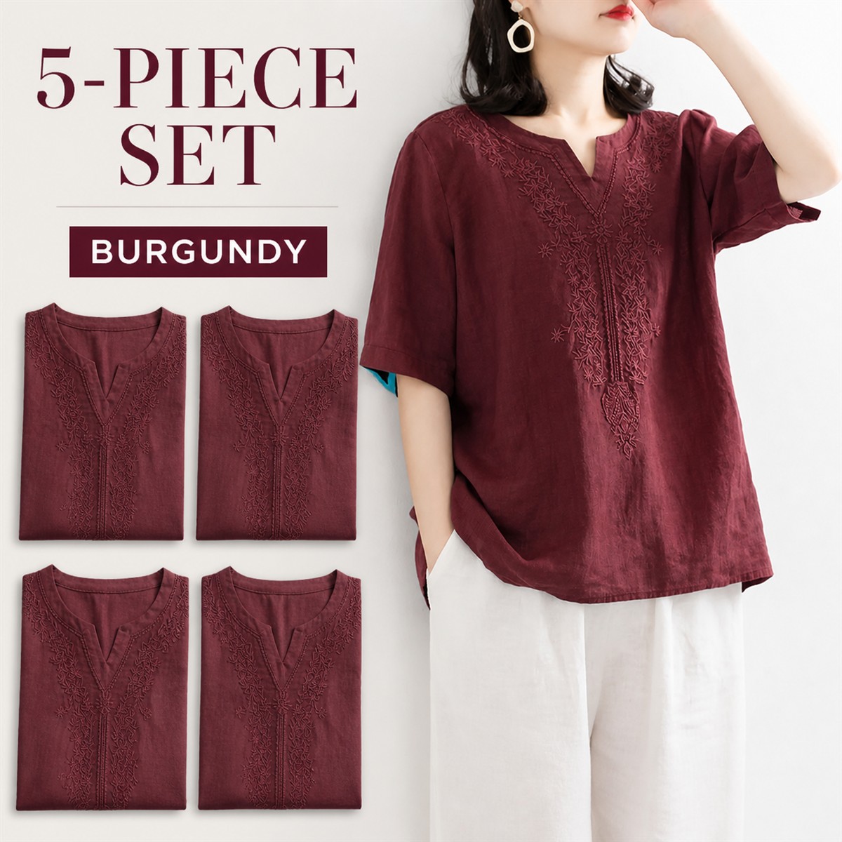 Women's Embroidered Split-Neck Relaxed Short-Sleeve Top - 5-Piece Burgundy Set - $22.99
