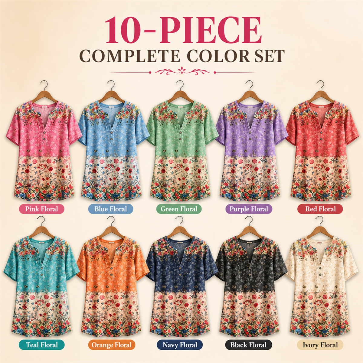Women's Floral Border-Print Split-Neck Short-Sleeve Top - 10-Pack Complete Color Collection - $37.99