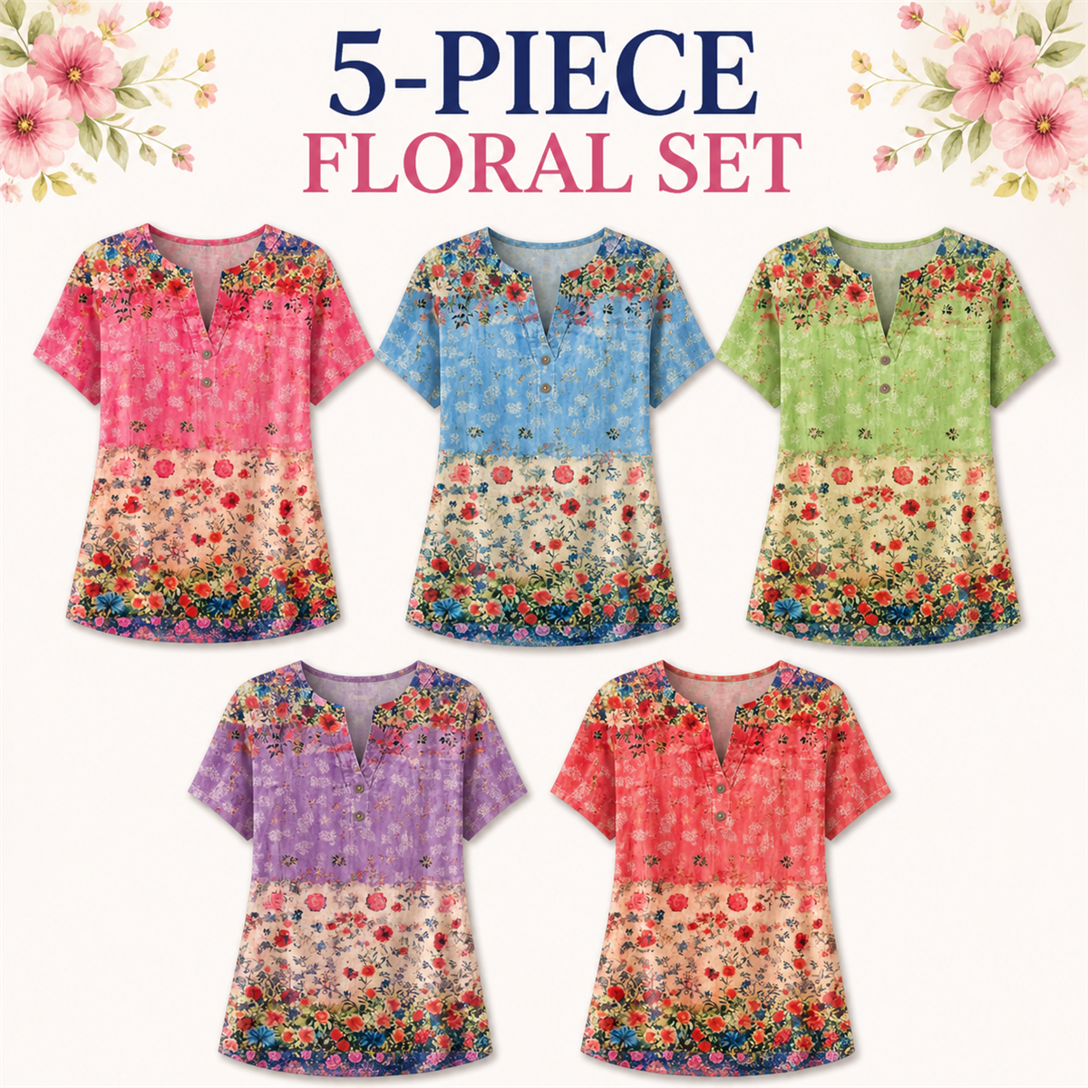 Women's Floral Border-Print Split-Neck Short-Sleeve Top - 5-Piece Classic Color Set - $29.99