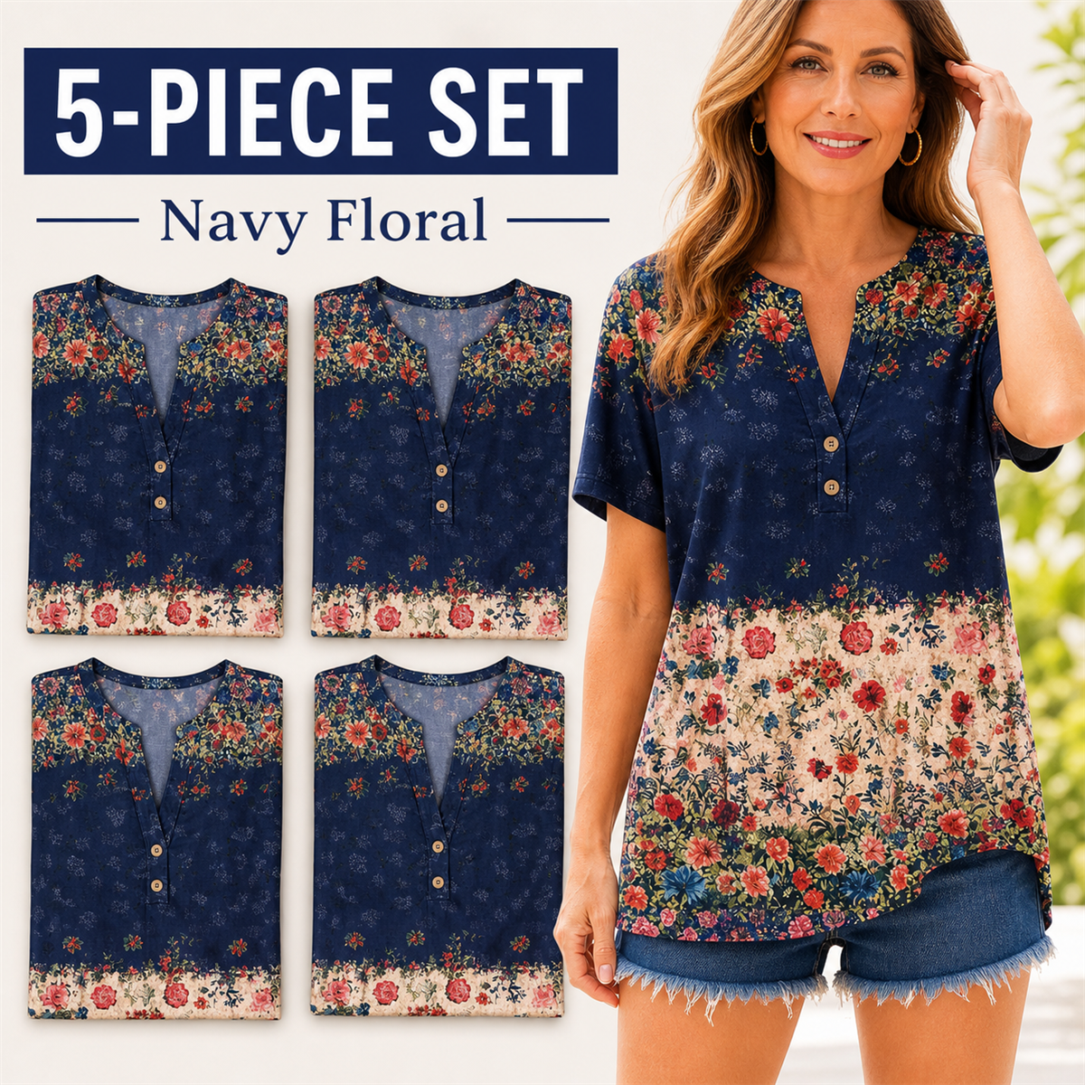 Women's Floral Border-Print Split-Neck Short-Sleeve Top - 5-Piece Navy Floral Set - $21.99