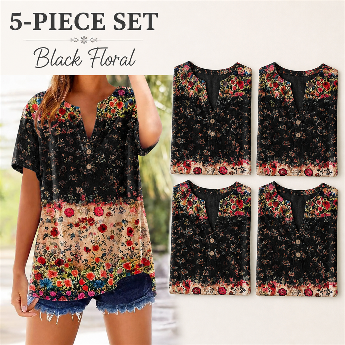Women's Floral Border-Print Split-Neck Short-Sleeve Top - 5-Piece Black Floral Set - $21.99
