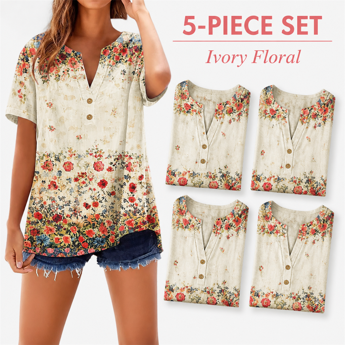 Women's Floral Border-Print Split-Neck Short-Sleeve Top - 5-Piece Ivory Floral Set - $21.99
