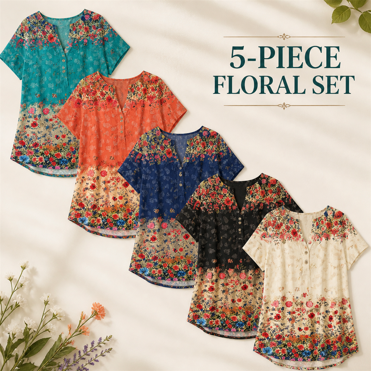 Women's Floral Border-Print Split-Neck Short-Sleeve Top - 5-Piece Soft Color Set - $29.99