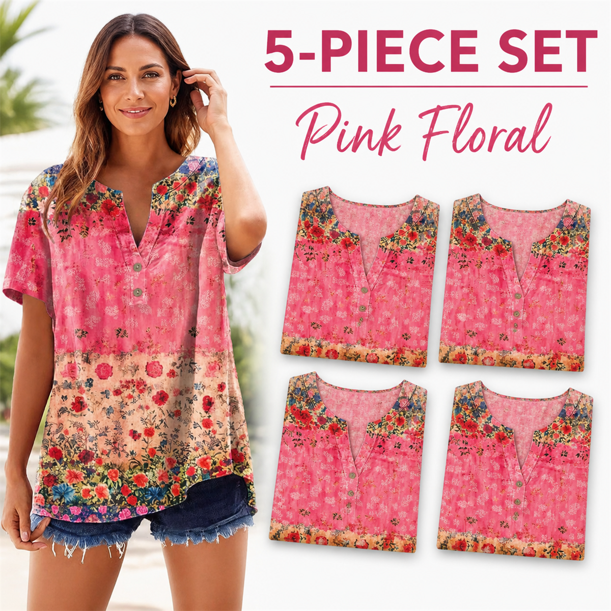 Women's Floral Border-Print Split-Neck Short-Sleeve Top - 5-Piece Pink Floral Set - $21.99