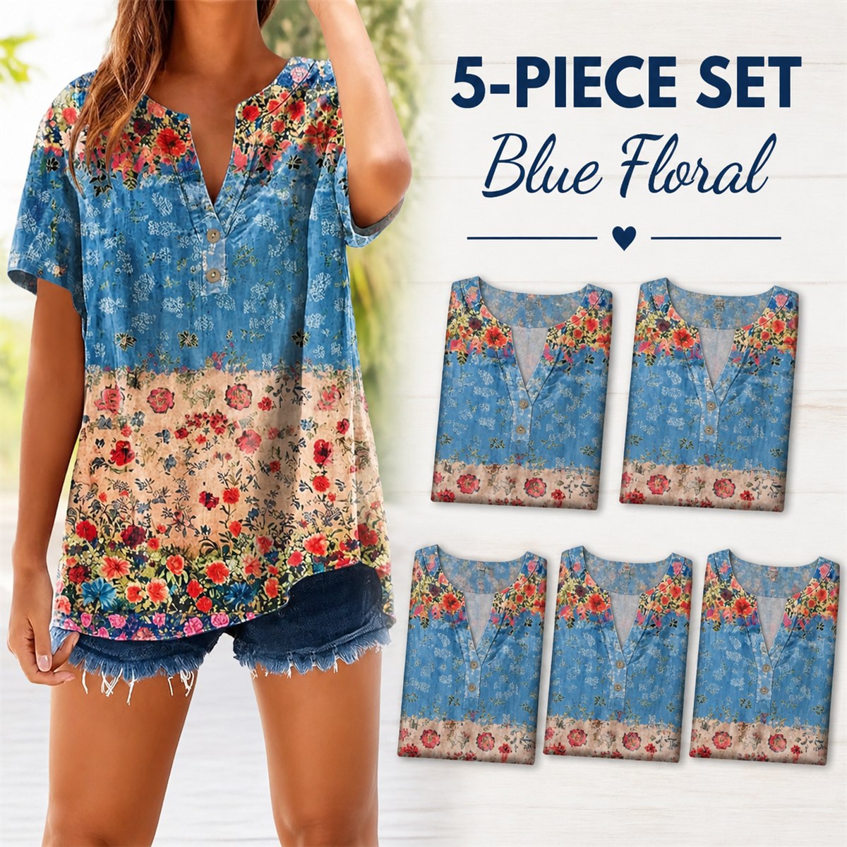 Women's Floral Border-Print Split-Neck Short-Sleeve Top - 5-Piece Blue Floral Set - $21.99