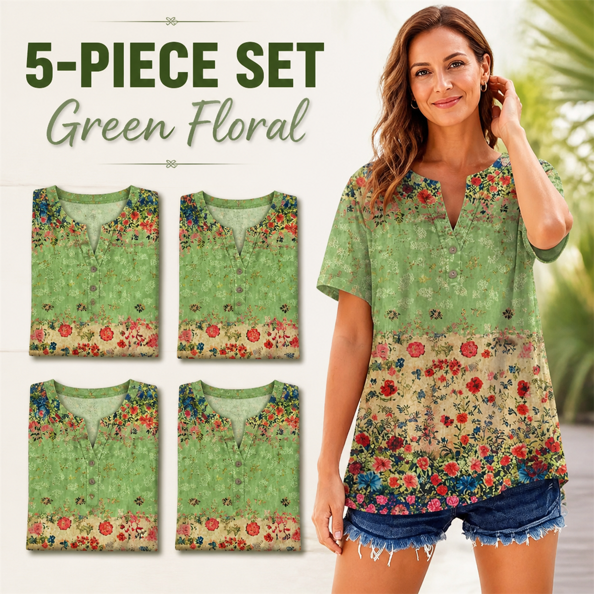Women's Floral Border-Print Split-Neck Short-Sleeve Top - 5-Piece Green Floral Set - $21.99