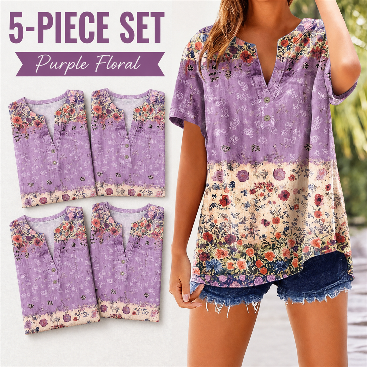 Women's Floral Border-Print Split-Neck Short-Sleeve Top - 5-Piece Purple Floral Set - $21.99