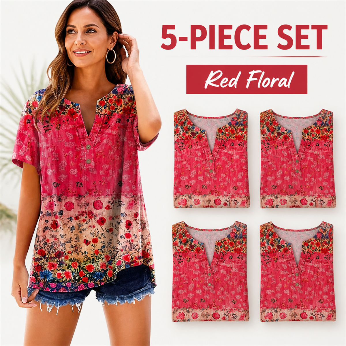 Women's Floral Border-Print Split-Neck Short-Sleeve Top - 5-Piece Red Floral Set - $21.99