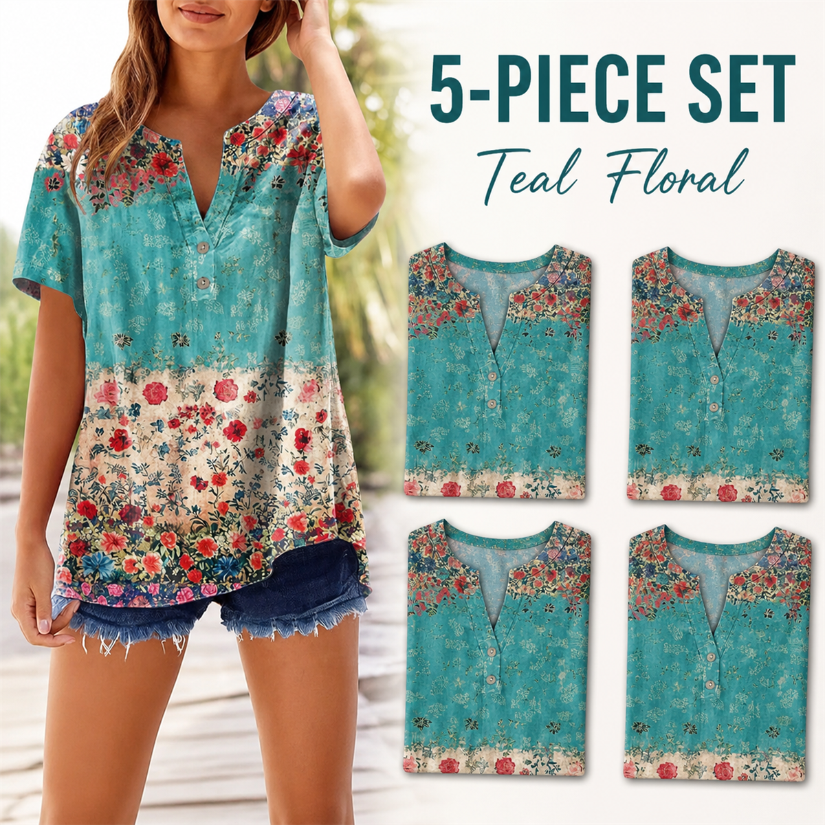 Women's Floral Border-Print Split-Neck Short-Sleeve Top - 5-Piece Teal Floral Set - $21.99