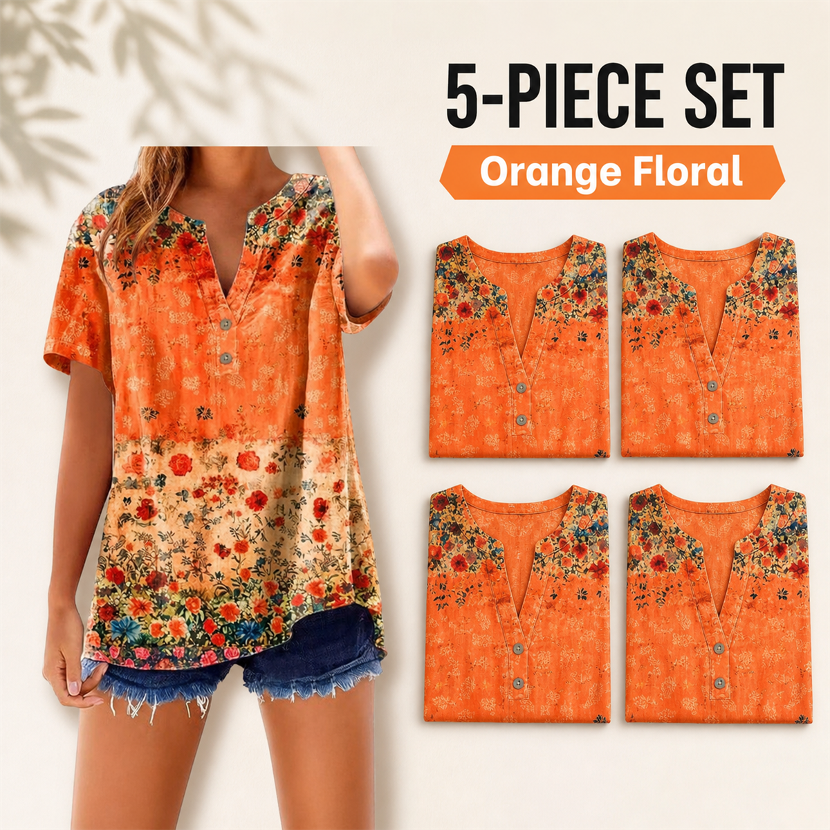 Women's Floral Border-Print Split-Neck Short-Sleeve Top - 5-Piece Orange Floral Set - $21.99