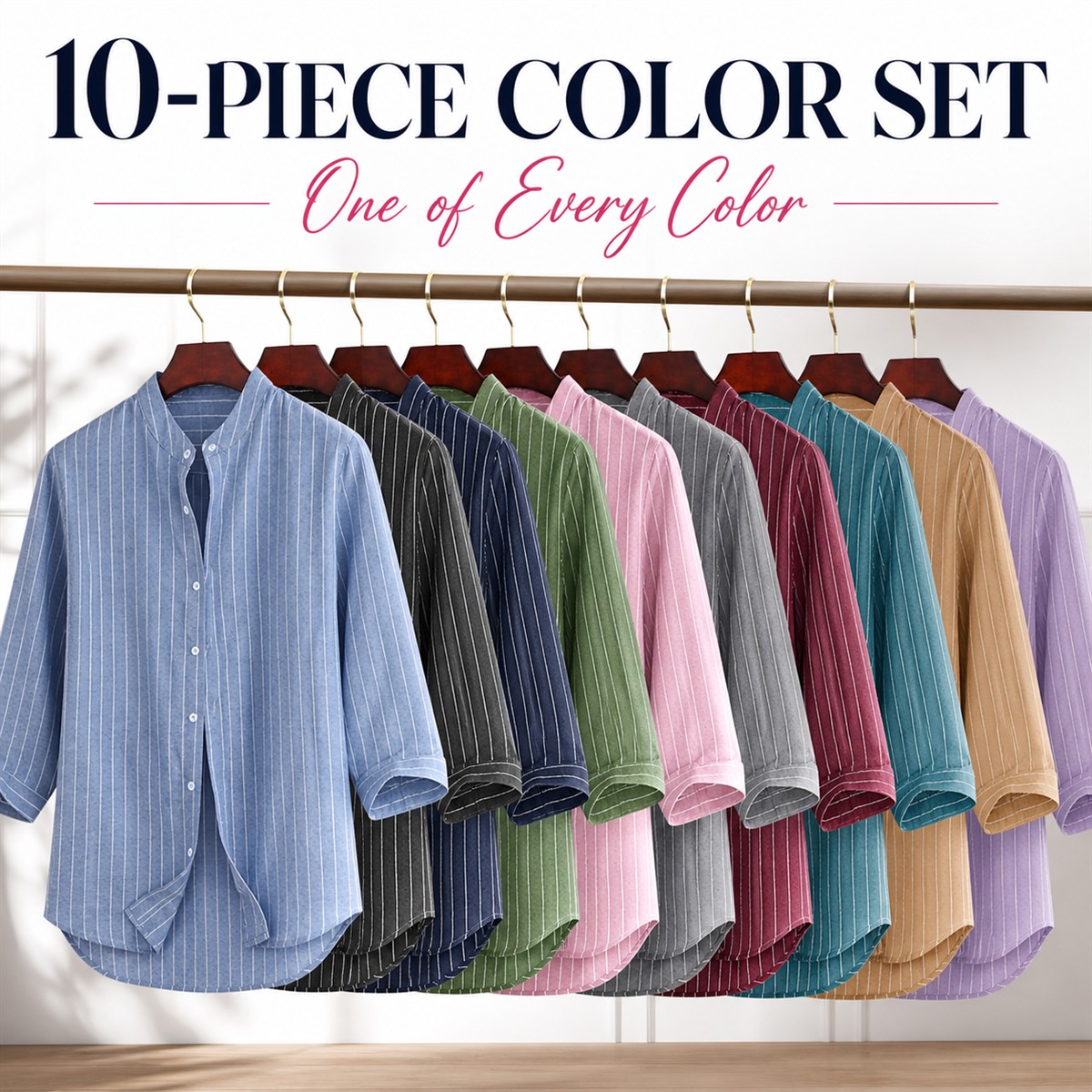 Women's Striped Band-Collar Three-Quarter Sleeve Button-Front Shirt - 10-Pack Complete Color Collection - $38.99